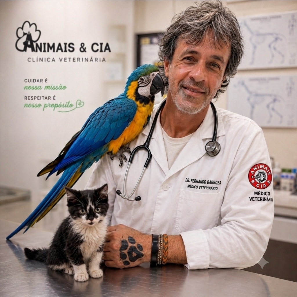 Dr. Fernando Barboza com arara e gatinho, Animais & Cia Clínica Veterinária
